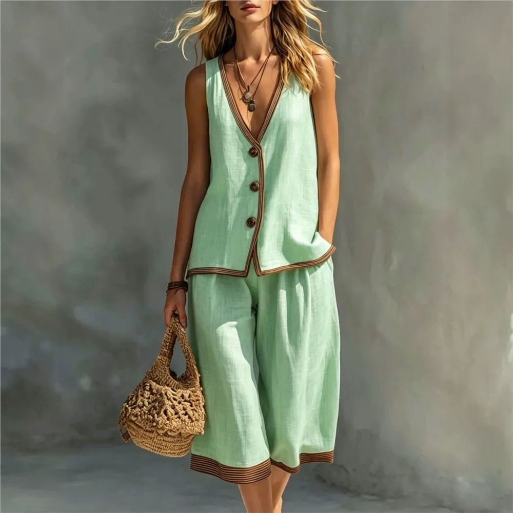 

Summer Sexy Deep V-neck Vest Shorts 2-piece Set Women's Fashion Casual Loose Seaside Vacation Cardigan Vest Shorts Suit Female
