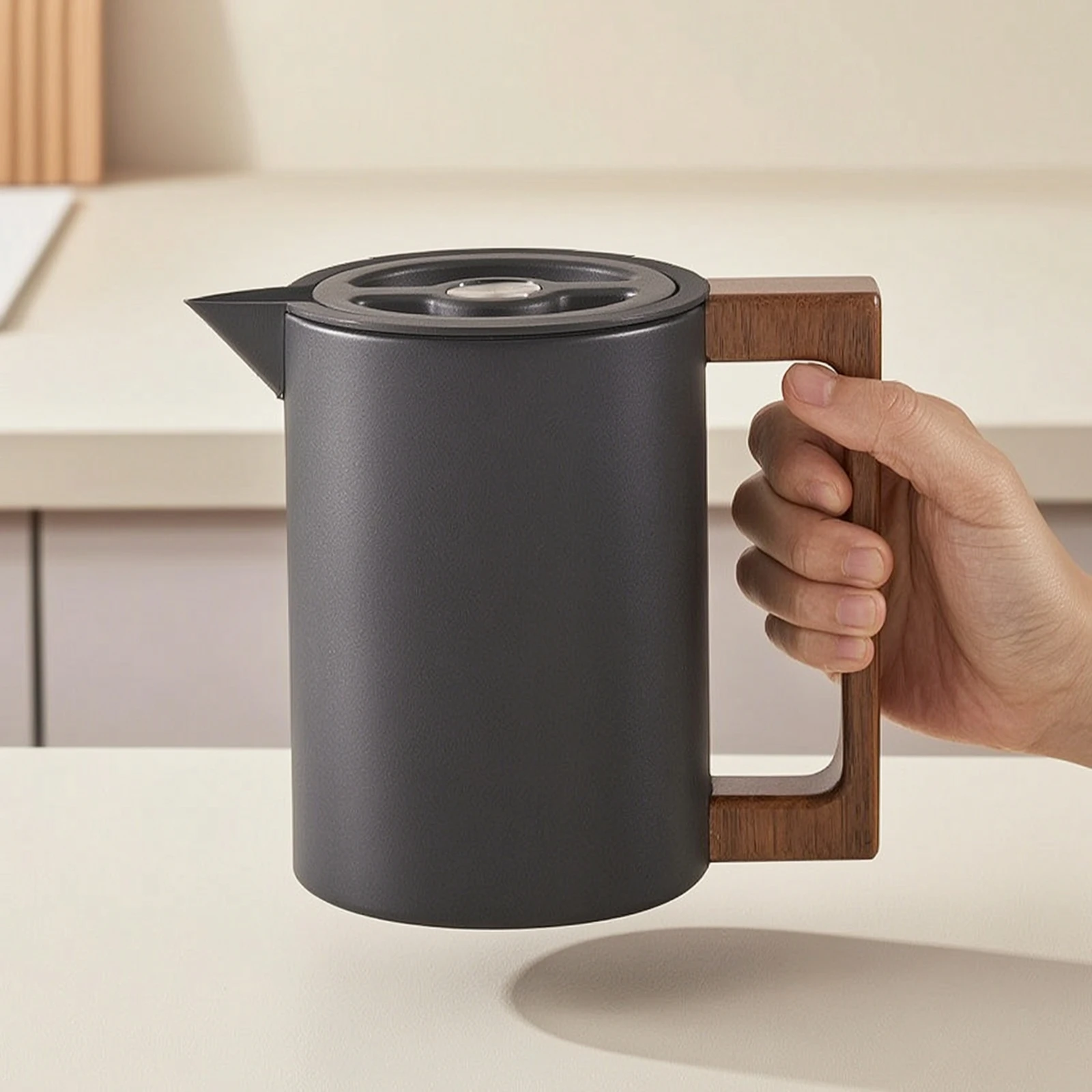 Insulated Pot with Wood Handle Stainless Steel Thermal Carafe Vacuum Jug Double Walled Thermal Vacuum Carafe Matte for Hosts