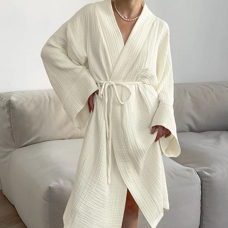 

Ultra Comfortable Cotton Robe for Women Beige Color Breathable Spring Summer Loungewear with Tie Belt Loose Fit Home Dress