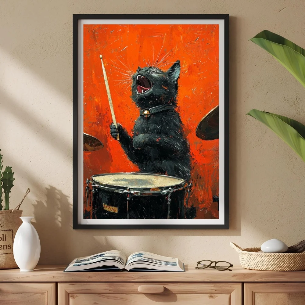 Black Cat Drummer Guitar Playing The Saxophone Pianist Vinyl Canvas Painting Wall Art Poster Picture Home Decor Mural Cuadros