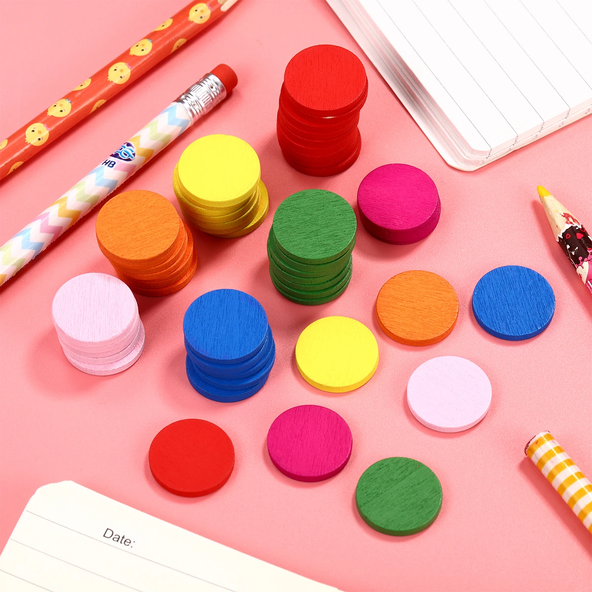 

50pcs Colorful Wooden Discs Learning Tools Math Counters Montessori Style Thick Wood Pieces for Kids Crafts Teaching