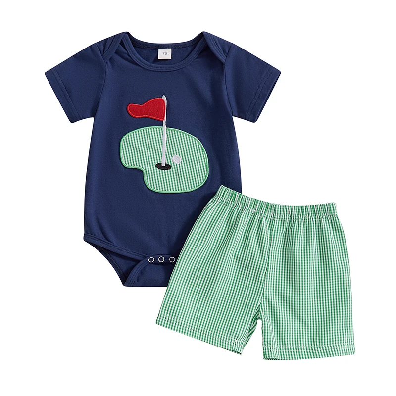 Baby Boy Golf Outfit 1st Birthday Golf Hole Bodysuit Plaid Shorts 2Pcs Summer Casual Set Newborn Coming Home Outfit