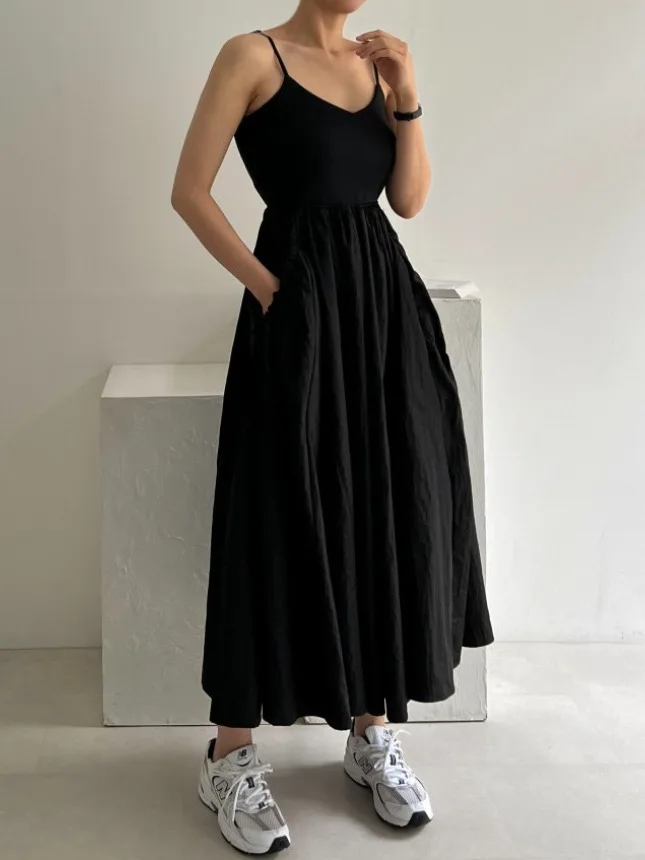 

Korean Chic Summer Unique U-Ne oulder Bared Pleated Waist Cinching Full Skirt Sle Svel Strapl Dr