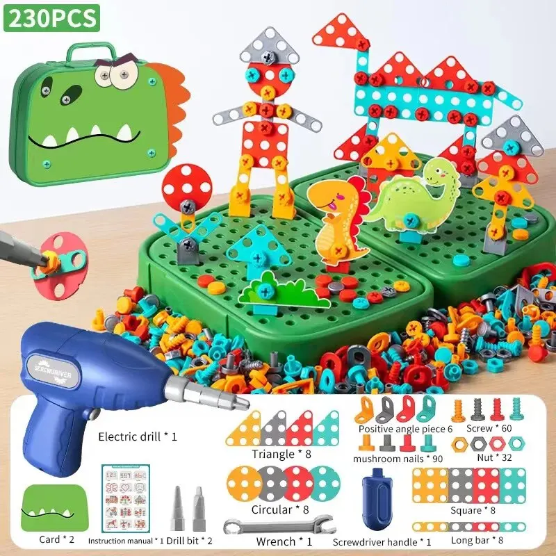 Parafuso de perfuração elétrica para crianças, 3D Puzzle, Finja jogar dinossauro, montagem de perfuração, brinquedos educativos para meninos