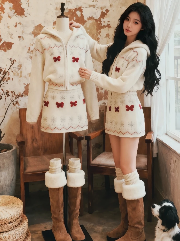 

France Style Vintage Patterned Hooded Set Women Fashion Knit Cardigan + Sweet A-Line Skirt Suit Chic Casual Two Piece Winter New