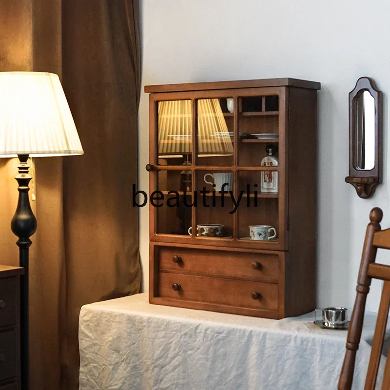 

American retro side cabinet desktop cup storage tea set display glass solid wood