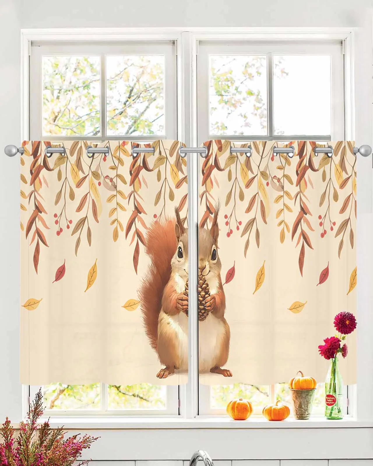 

2pcs Tulle Window Curtains Autumn Thanksgiving Squirrel Pine Cone for Living Room Bedroom Chiffon Sheer Voile Window Curtain
