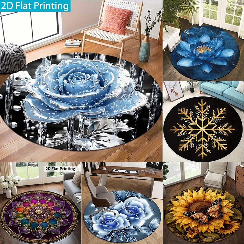 Blue Crystal Rose Round Doormat Glossy Ice Rose with Water Drop Graphic Rug Elegant Floral Style Indoor Home Decor Floor Mat