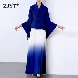 ZJYT Elegant Batwing Sleeve Top and Long Pleated Skirt 2 Piece Matching Sets 2025 Spring New Fashion Party Holiday Outfit Blue