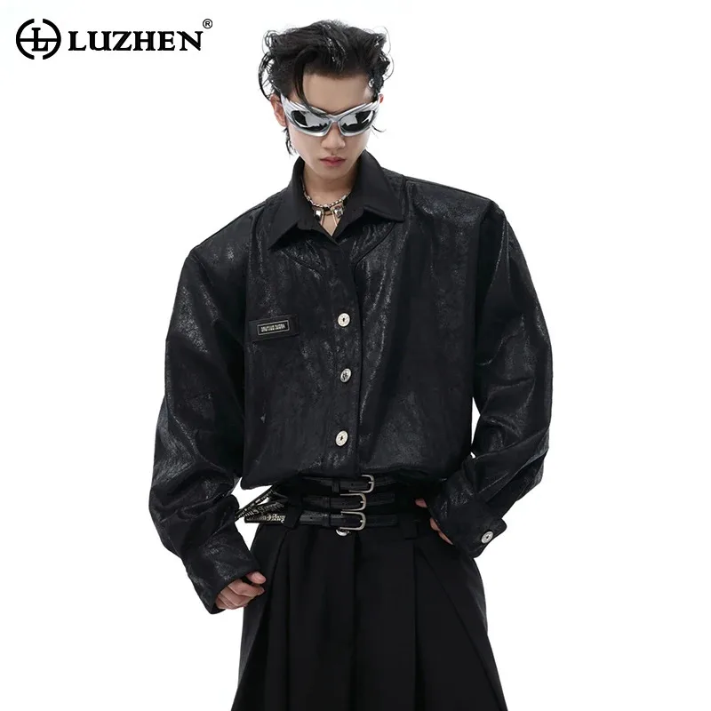 LUZHEN Liquid Texture Glossy Shoulder Cushion Shirt Fake Two Piece Long Sleeve Design High End Luxury Fashion Male Tops LZ6545