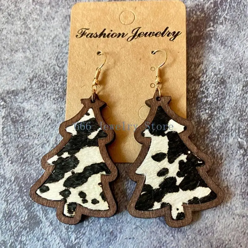 F2TD Christmas Tree Dangle Earrings Leopard Grow Print Genuine Leather Material