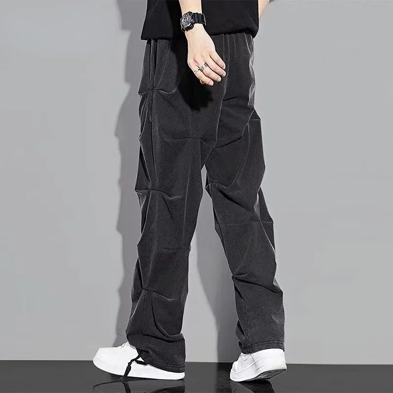 

Casual Pants Man Straight Black Trousers for Men Hippie Wrinkle Summer Streetwear Polyester Aesthetic Fashion Stylish Cotton Y2k