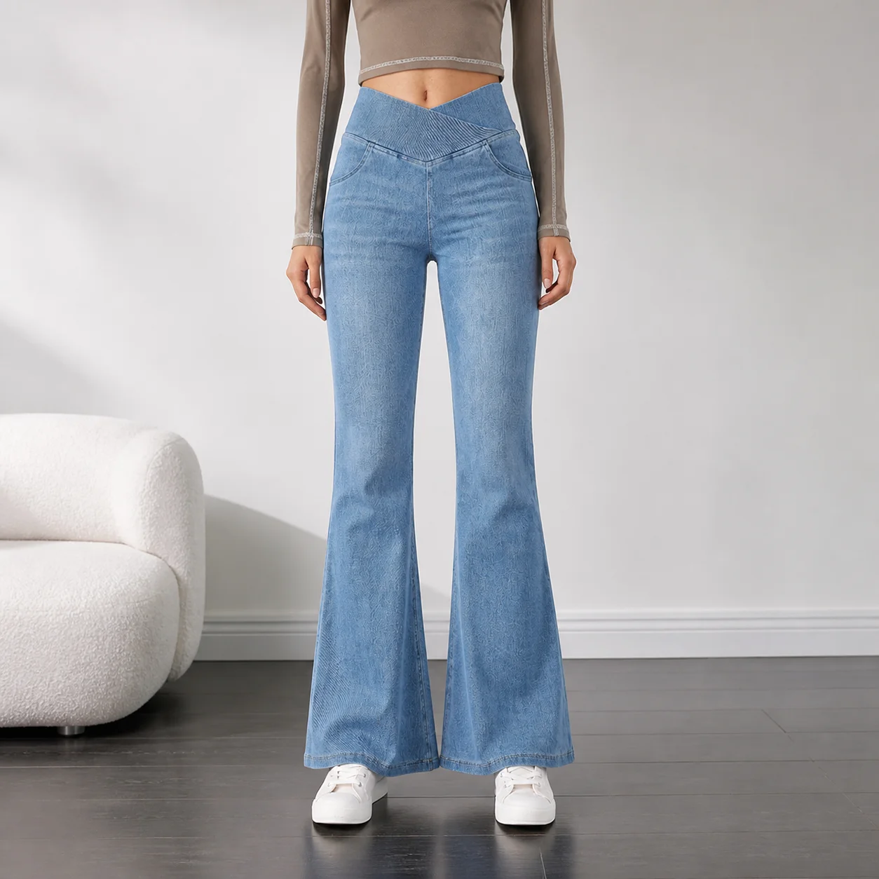 Smoothscape Women’s Fashion Cross Waist Flare Jeans High Rise Stretch Denim Pants Tummy Control Bell Bottom Jeans Soft Sculpting