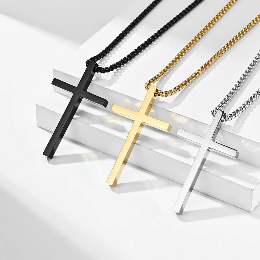 Collier en acier titane avec pendentif crucifix style punk, chaîne couleur noir/or/argent, bijoux religieux inaltérables pour hommes et femmes