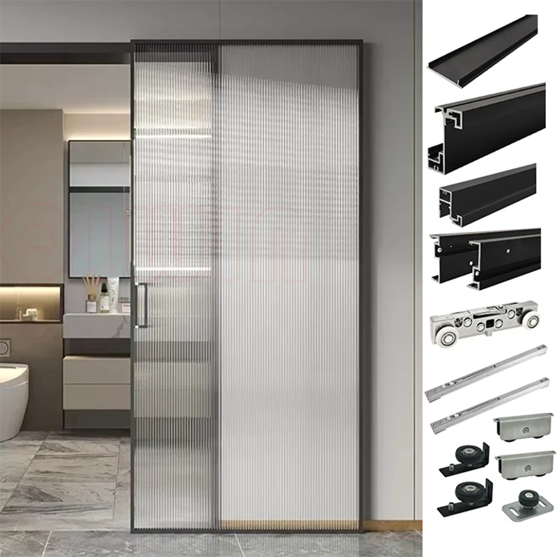 QIWIN QW-601 Modern Aluminum Framed Trackless Single Glass Sliding Door Kit with Soft Closing Hydraulic Buffer for Interior Use