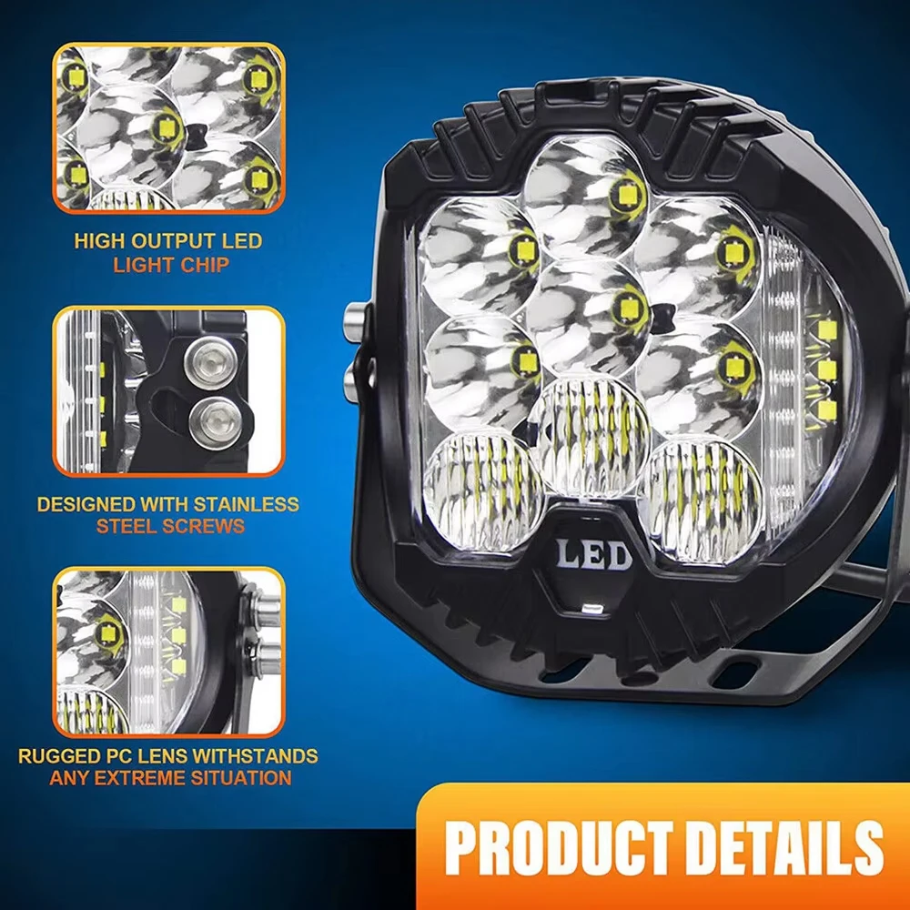 

7 lnch 5-дюймовые светодиодные фары DRL Hi/Lo Beam 50W 9LEDS для мотоцикла Niva Lada Offroad 4x4 UTV 12V 24V Янтарно-белый рабочий свет