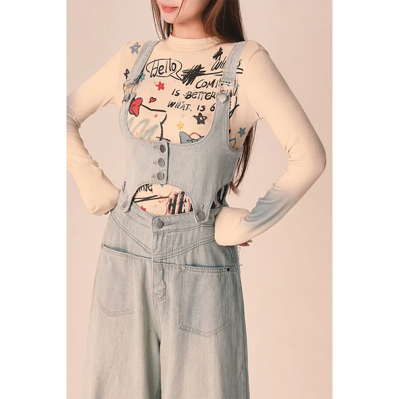 Detachable Light Colored Denim Overalls For Women's Spring And Autumn 2024 New Loose Wide Leg Long Pants