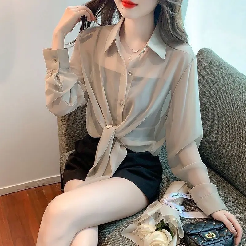 Thin Chiffon Shirt Women\'s Lace Up Cardigan 2024 Summer Outfit New Long Sleeve Sun Protection Shirt Air Plus Size Top Women