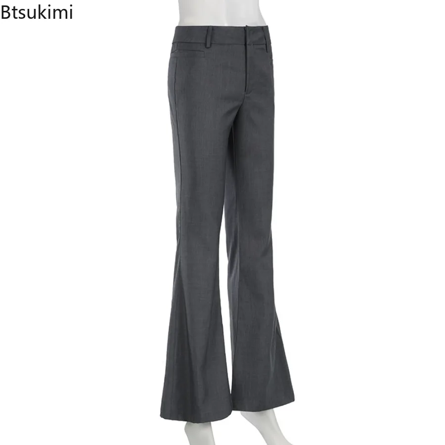 2026 Women's Solid Gray Low Waisted Wide Leg Flare Pant Office Elegant Casual Slim Pantalones Korean Fashion Formal New Trousers