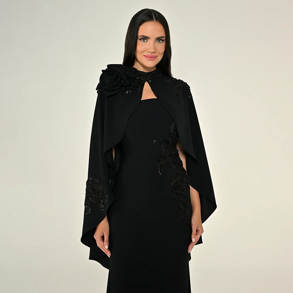 Vestido de noite preto para mulheres, gola alta, sereia, flor, jérsei, capa destacável, vestidos de festa longos personalizados
