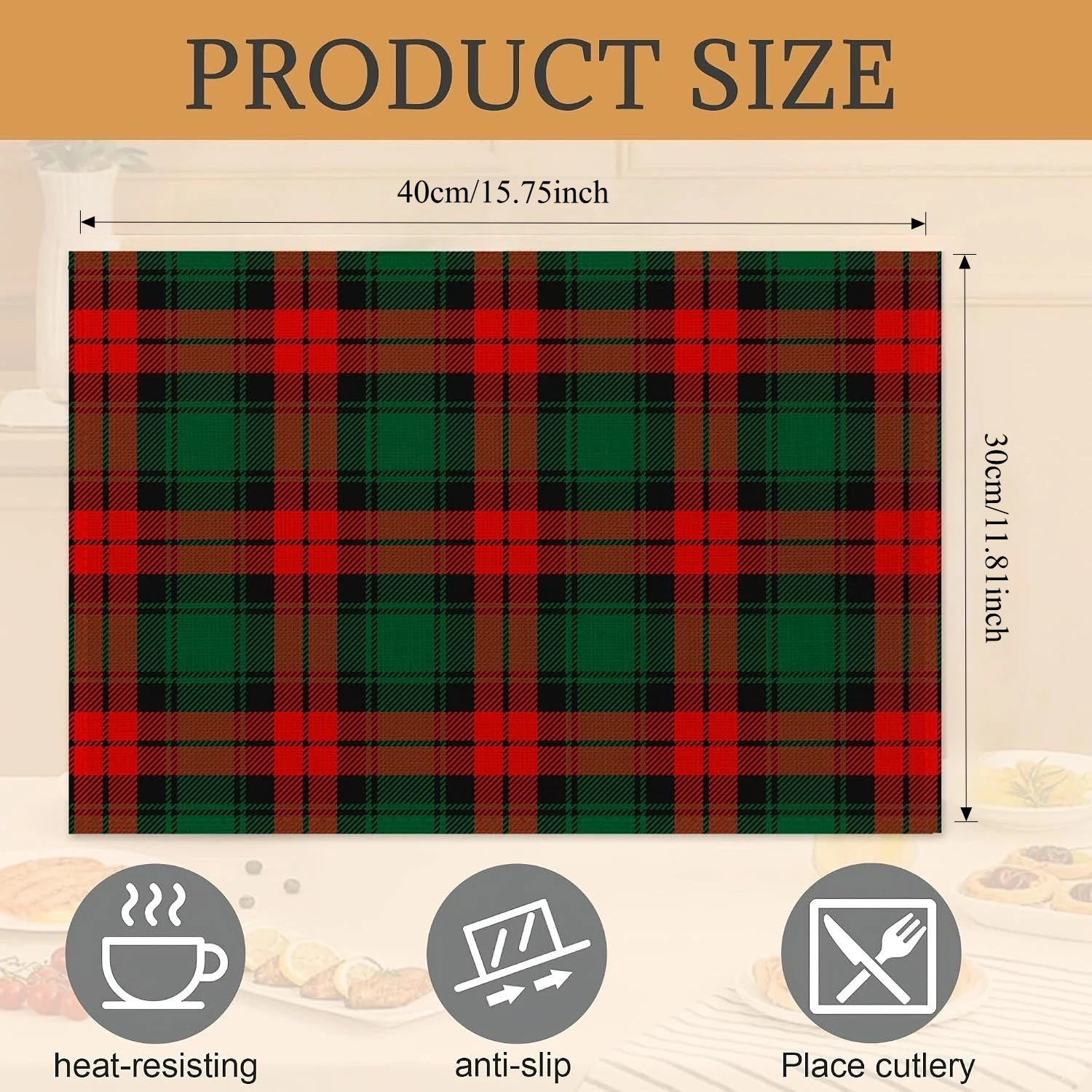 Christmas Plaid Placemats 4pcs, Wear-Resistant & Durable, Kitchen & Holiday Table Placemats