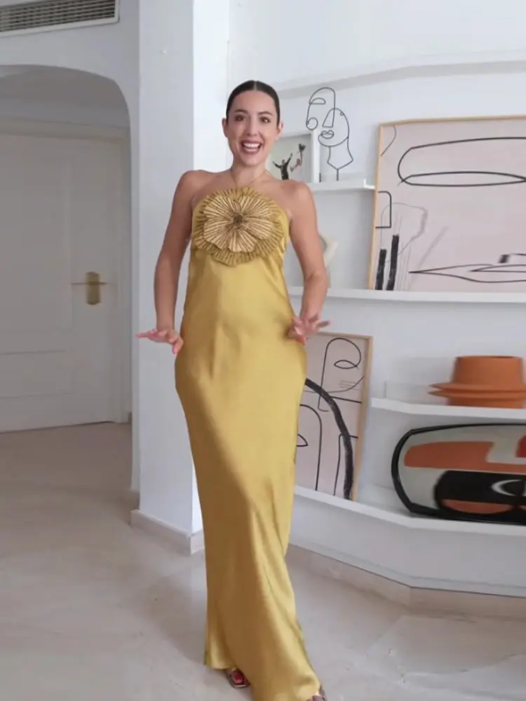 Elegancka Sukienka Wieczorowa Damska Kwiaty 3D Halter Bez Rękawów Bez Pleców Syreni Krój Satynowa Sukienka Damska Lato 2025 Szykowna Suknia Wieczorowa