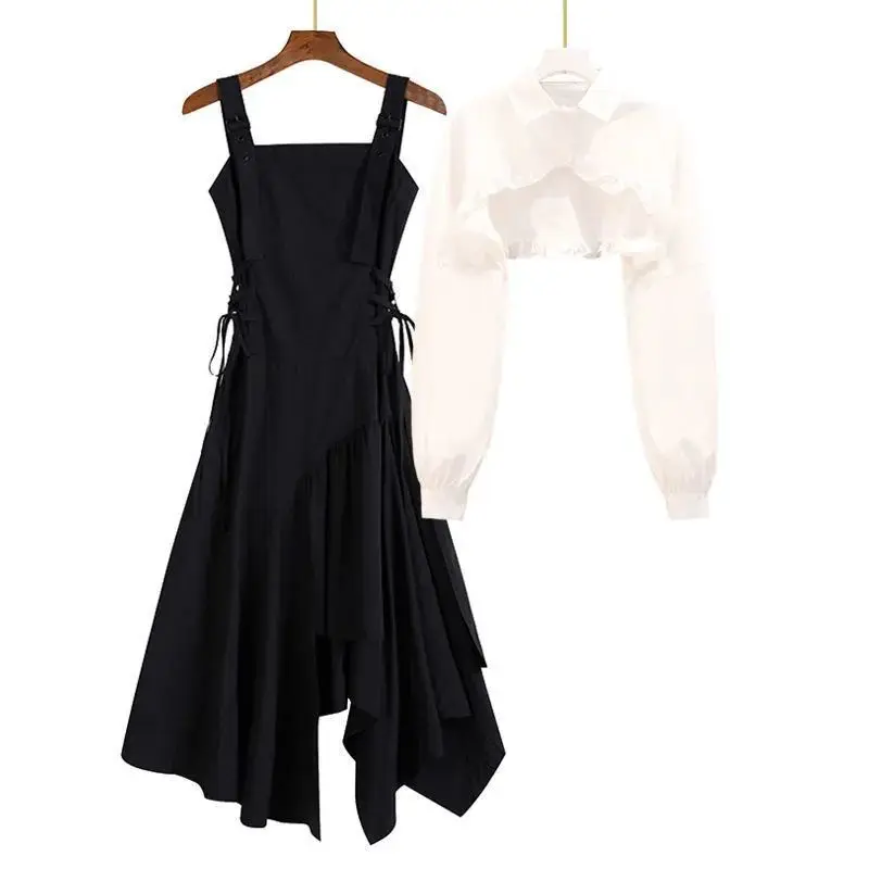 Women\'s Dress Suit 2023 Spring And Summer New Fashion Short Shirt+Strap Dresses Two-piece Korean Elegant Blouse Long Skirt Set