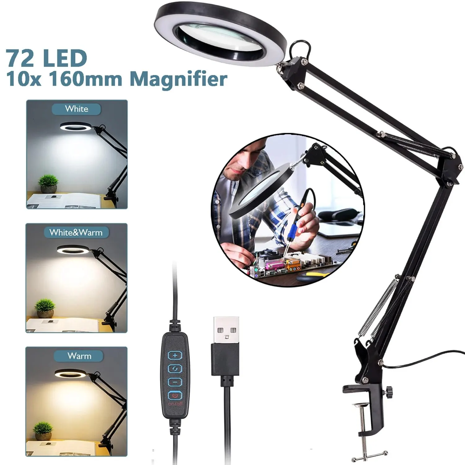 72LED 10X NEW Illuminated Magnifier USB 3 Colors LED Magnifying Glass for Soldering Iron Repair/Table Lamp/Skincare Beauty