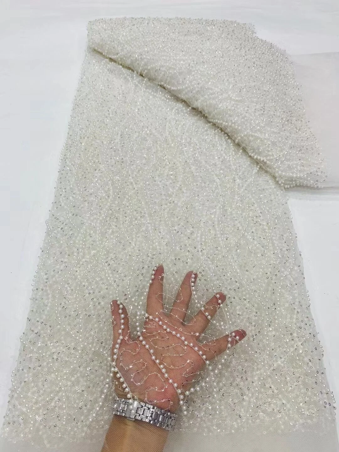 African Mesh Fabrics Materials Embroidery For Women Clothes Party Dresses White Sequins Beaded Lace Fabric By 5Yards Meters