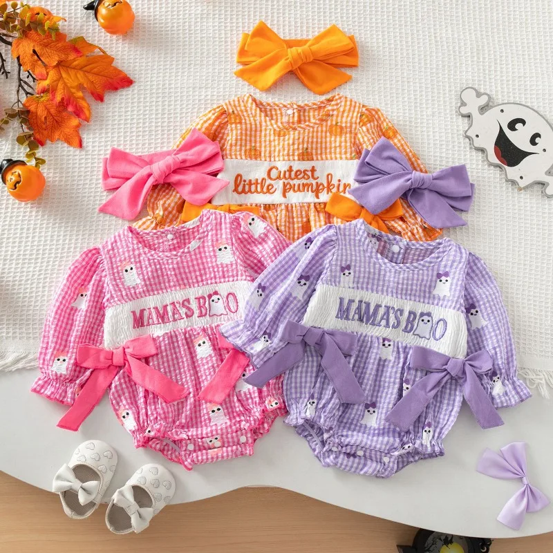 Baby Romper Ghost Print Headband Newborn Infant Toddler Halloween Bodysuit Outfit Clothes Carnival Festival onesie