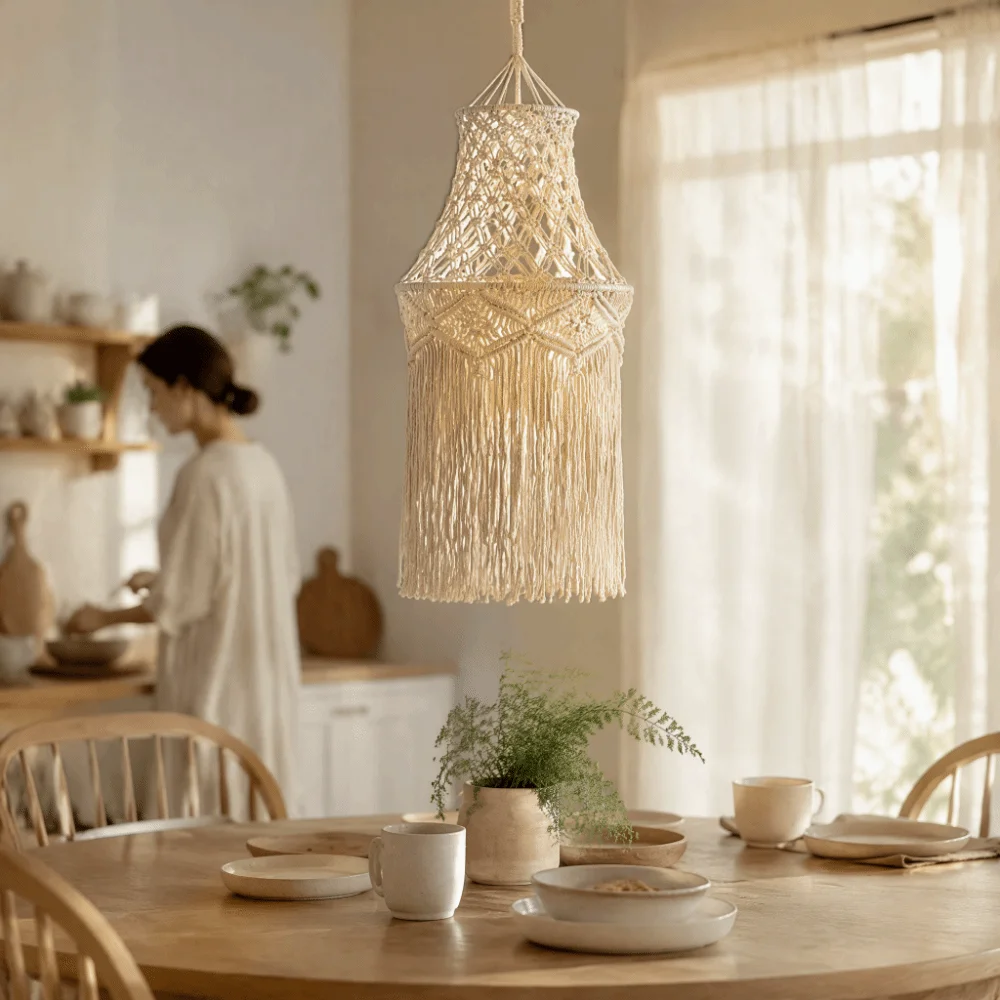 Handwoven Cotton Macrame Lampshade Tassel Detail Woven Texture Woven Tapestry Lampshade Handcrafted Design Cotton Rope