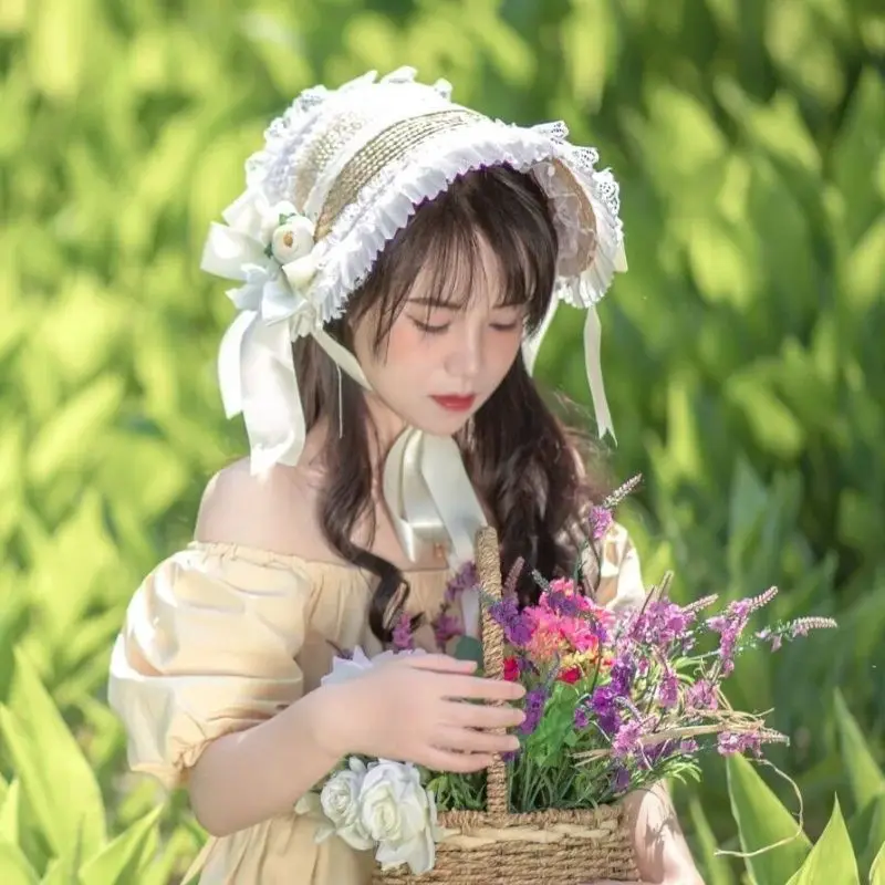 Pastoral Style Lolita Straw Hat Multi-color Lace Bow Flat Bonnet Hanfu Mixed Style Sunshade Fashion Hair Accessory For Girls