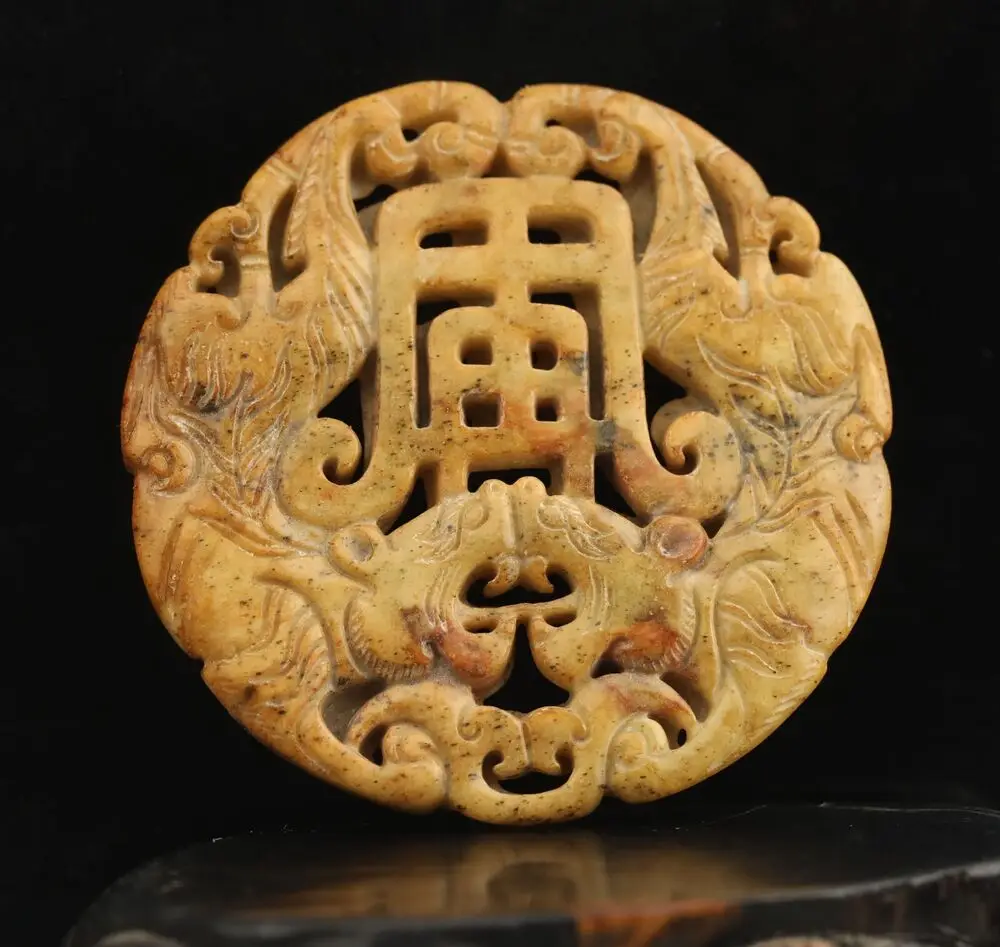 Old natural jade hand-carved statue of double dragon Statue Nice Art Work