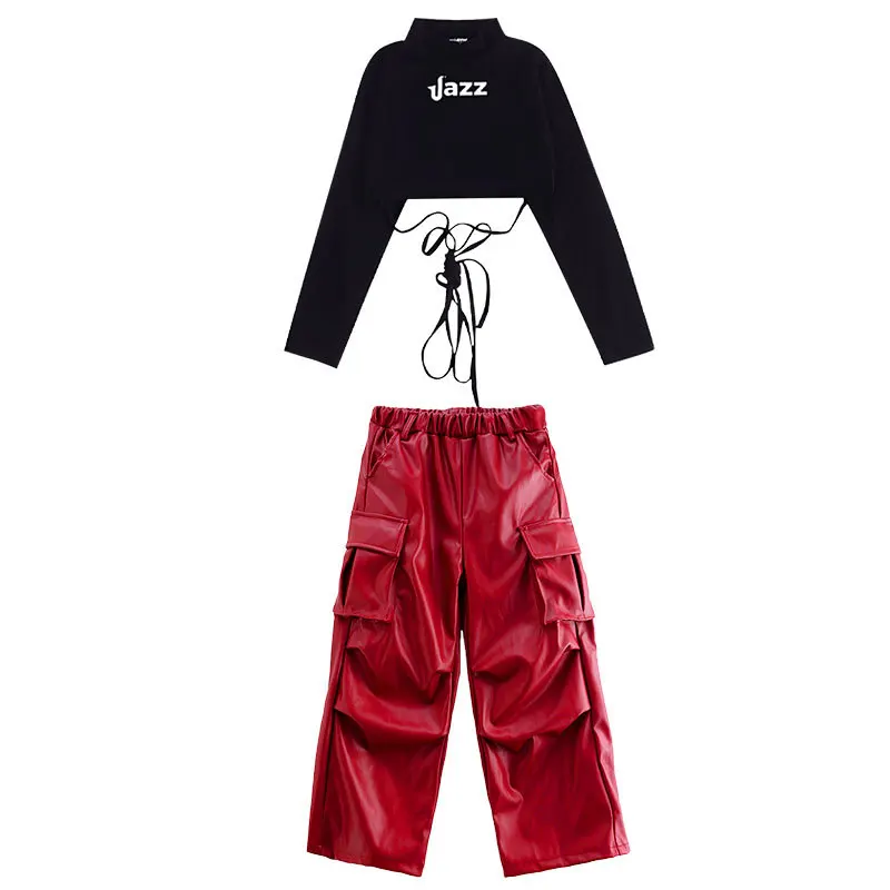 Traje de Hip Hop rojo para niñas, Top corto, cubiertas de brazo rojo, pantalones de cuero para mujeres, ropa de Jazz, conjunto de escenario de baile callejero, novedad de 2025