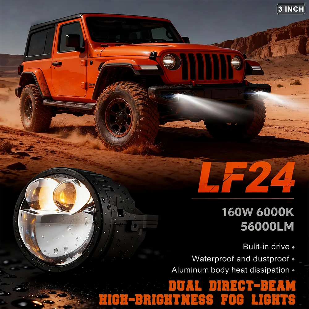 LF24 3 Inch Laser 6000K 160w 56000LM Car Led Fog Lights Projector IP67 Waterproof 12v Bi Led Fog Lamp Projector for Car