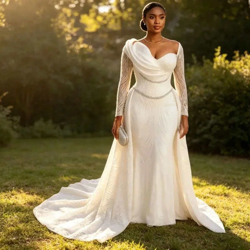 Customized Off the Shoulder Shinny Lace  Beads Wedding Dress with Removable Skirt  Vestido De Noiva  Long Sleeves  Bridal Gown
