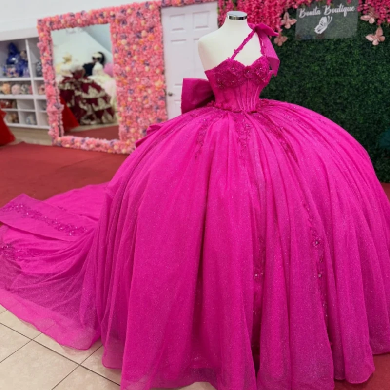 

Rose Red Shiny Ball Gown Quinceanera Dresses Applique Flower Beading Crystal Bow Tiered Tull Corset Off The Shoulder Sweet 16