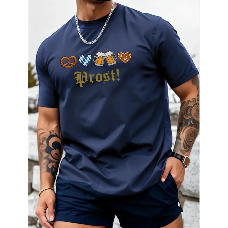 Men's T-shirt, Fun 'Oktoberfest Beer Pretzel Heart Printed T-shirt, Men's Short Sleeve T-shirt, Regular Casual Daily Men's Top,