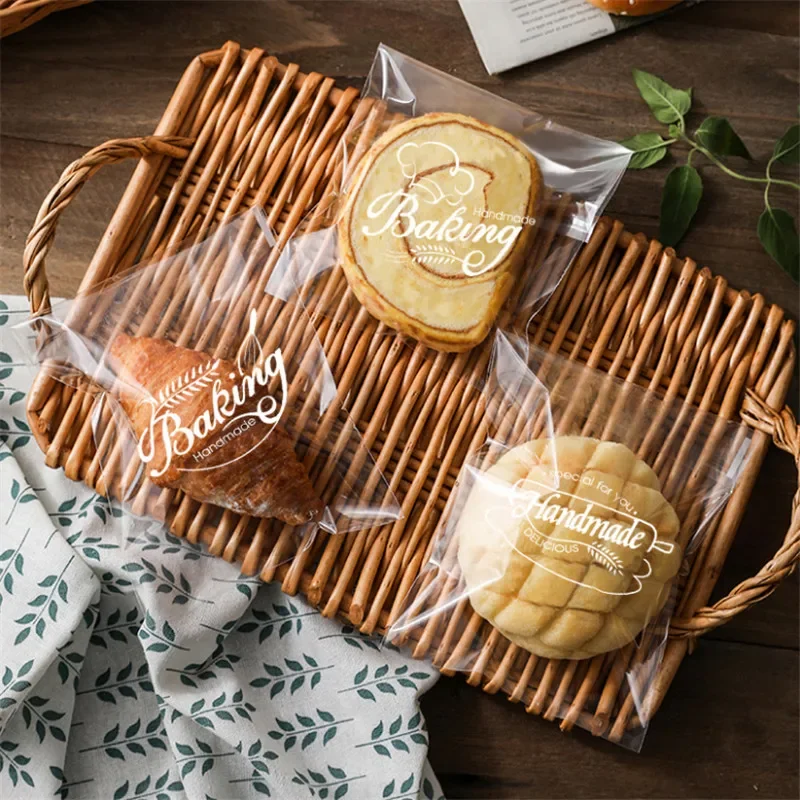 

50-100 Pcs Clear Transparent Bread Bags Toast Cake Printed Snack Bread Coffee Shop Food Packaging