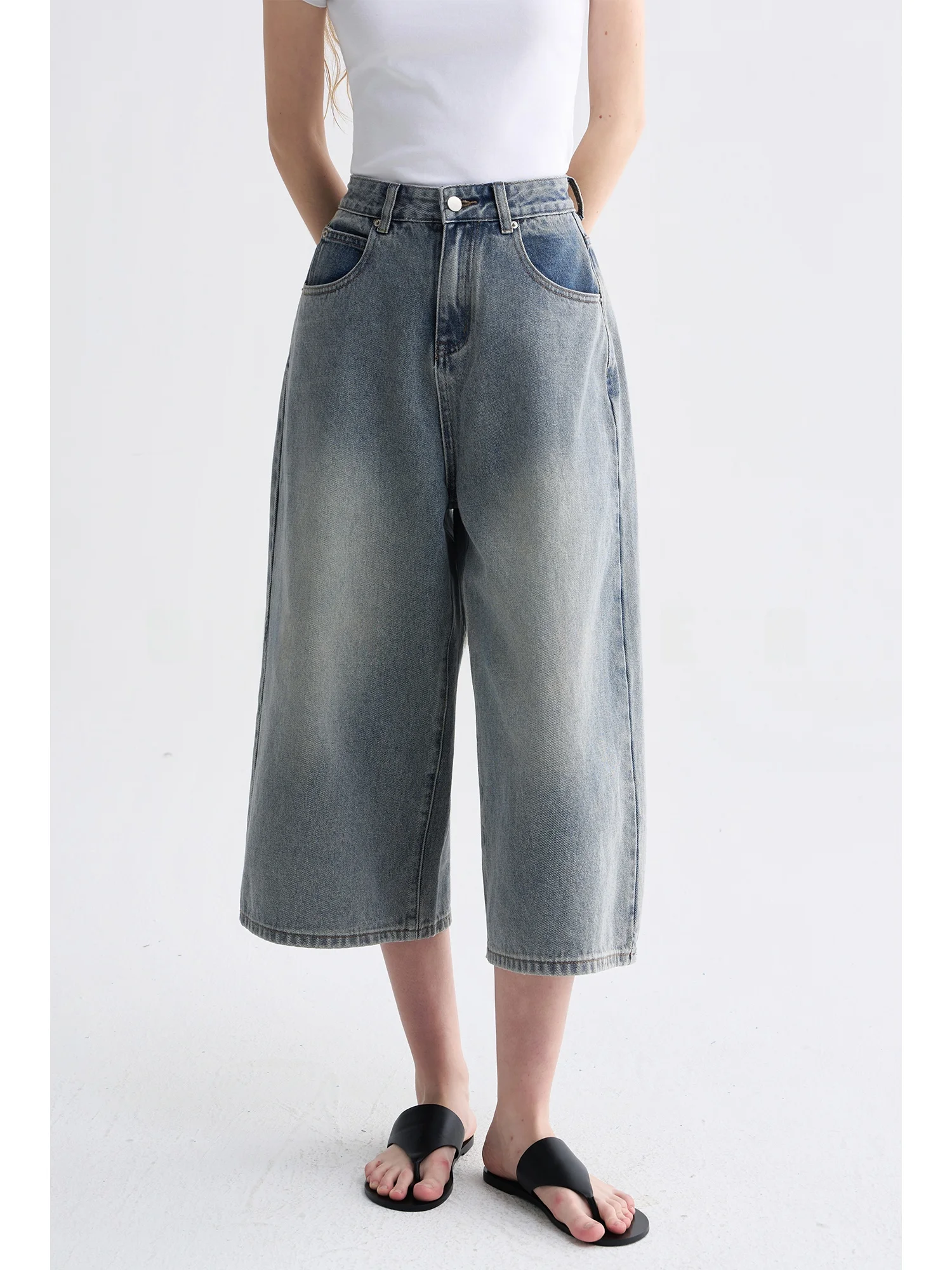 

USSHEEN Vintage Washed Denim Wide Leg Pants Women Summer High Waist Loose Slimming Seven-Foot Jeans Cotton Button Closure