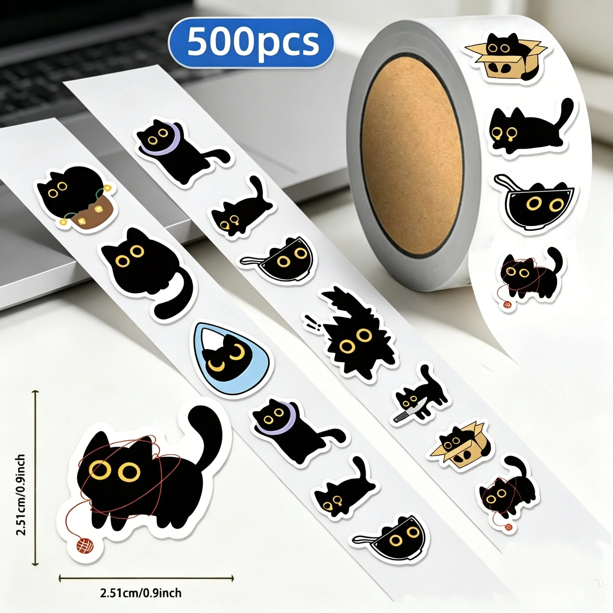 500PCS Cute Black Cat Roll Stickers Waterproof Self-Adhesive Small Pattern Decorative Decals for DIY Luggage Tablet Skate Deck