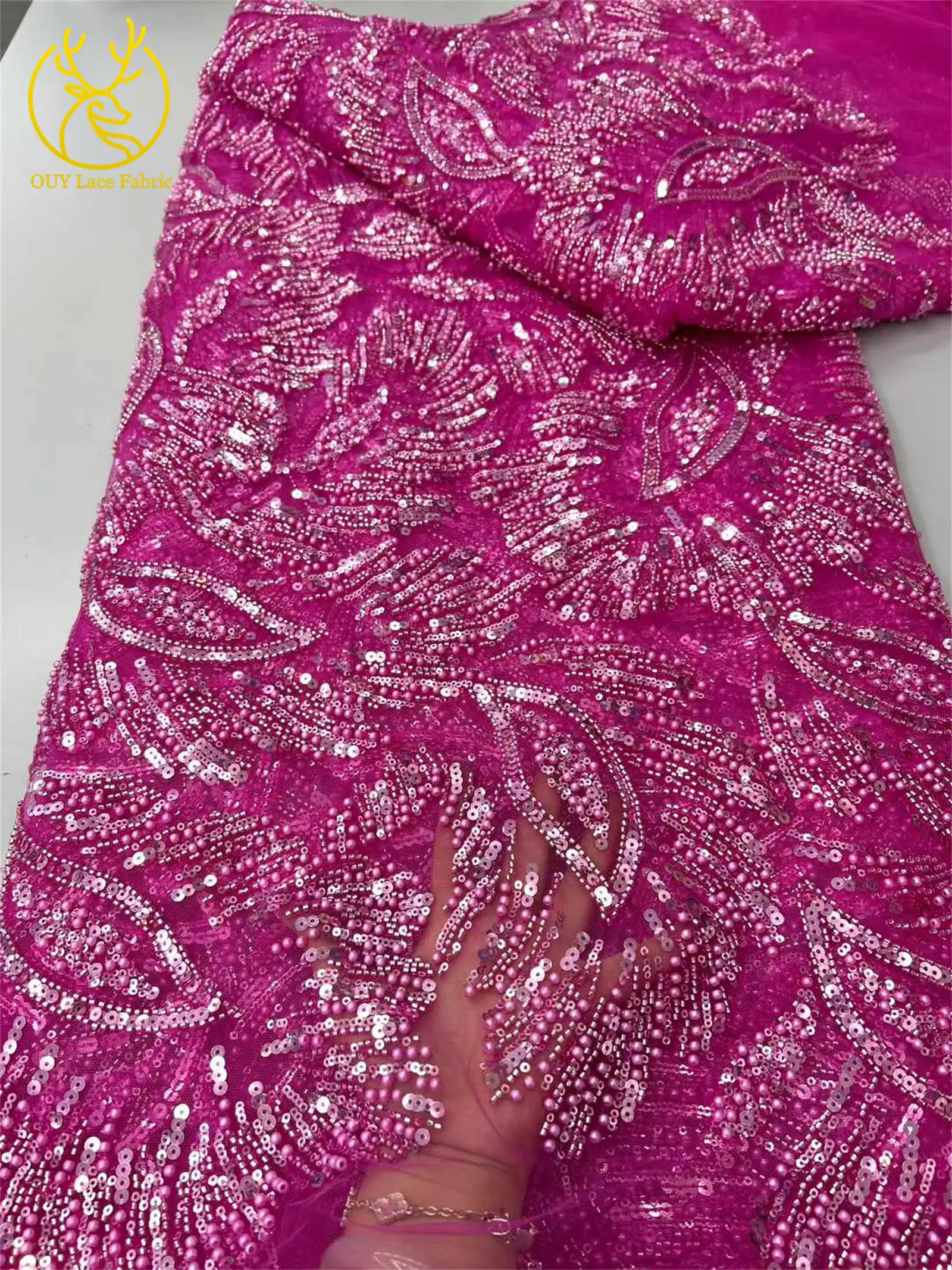 Arancione Europeo Nuovo Design In Rilievo Maglia Tessuto di Pizzo Africano Francese Paillettes Tulle Tessuto di Pizzo Abiti da Sposa Cucito da Donna