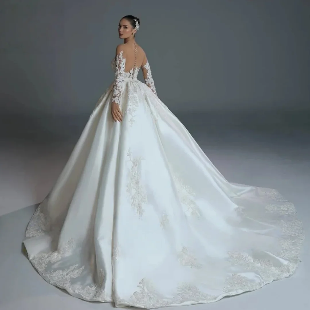 Customied  Elegant Wedding Dresses For Women O-Neck  Long Sleeve Ball Gown Lace Beaded Satin Made Bridal Gowns Vestido De Novia