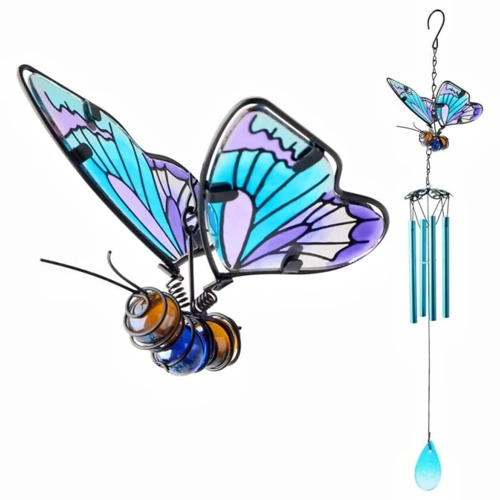 3D Butterfly Wind Chimes Iron Stained Glass Butterfly Wind Chimes with Tube Gift for Mom for Home Garden Window Yard Patio Decor