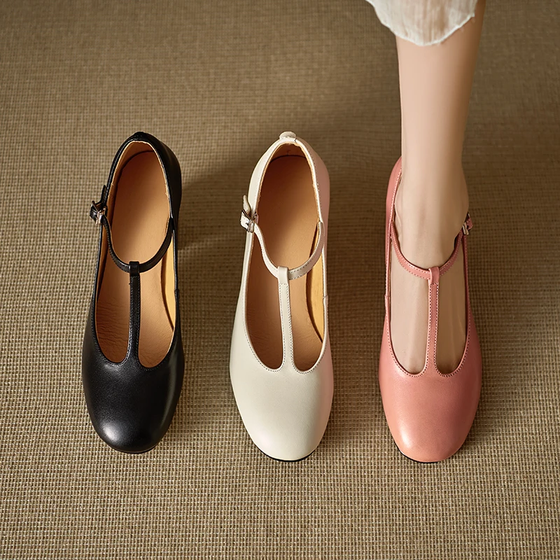 2026 new spring summer women pumps natural leather 22-25cm cowhide+sheepskin+pigskin round toe t-buckle high heel women shoes