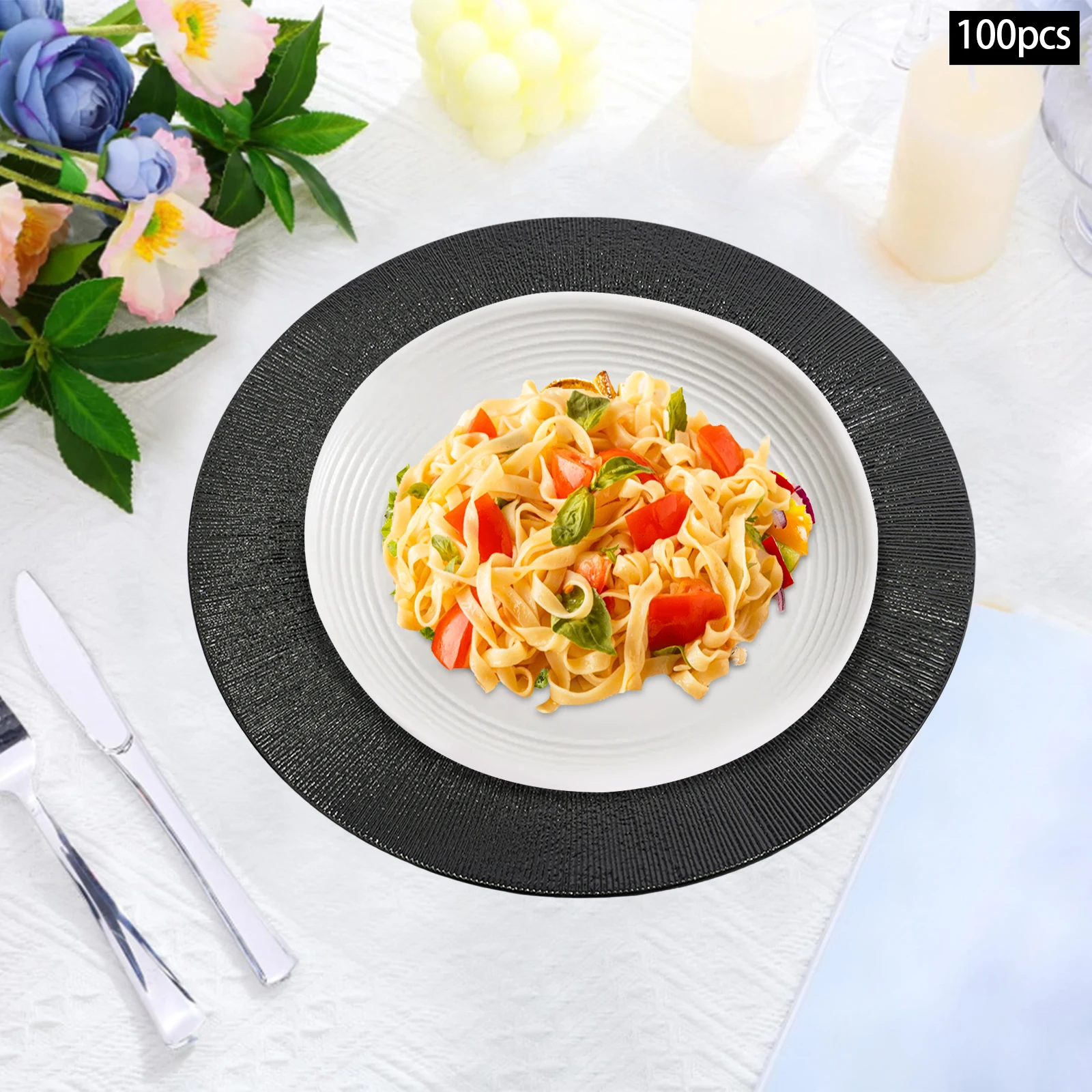 

100 PCS Black PP Charger Plates Bulk,33*2cm Round Spraying Paint Dinner Plate for Birthday Parties,Holidays