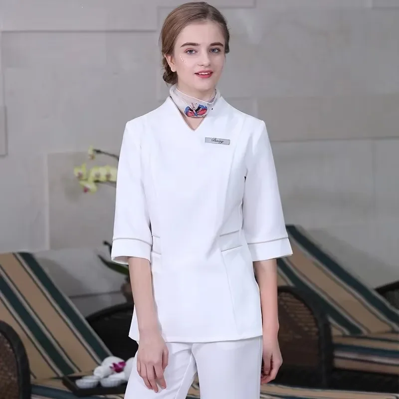 2025 새로운 도착 유니폼 우아한 베이지 기술자 의류 건강 클럽 스파 작업복 미용사 Appreal