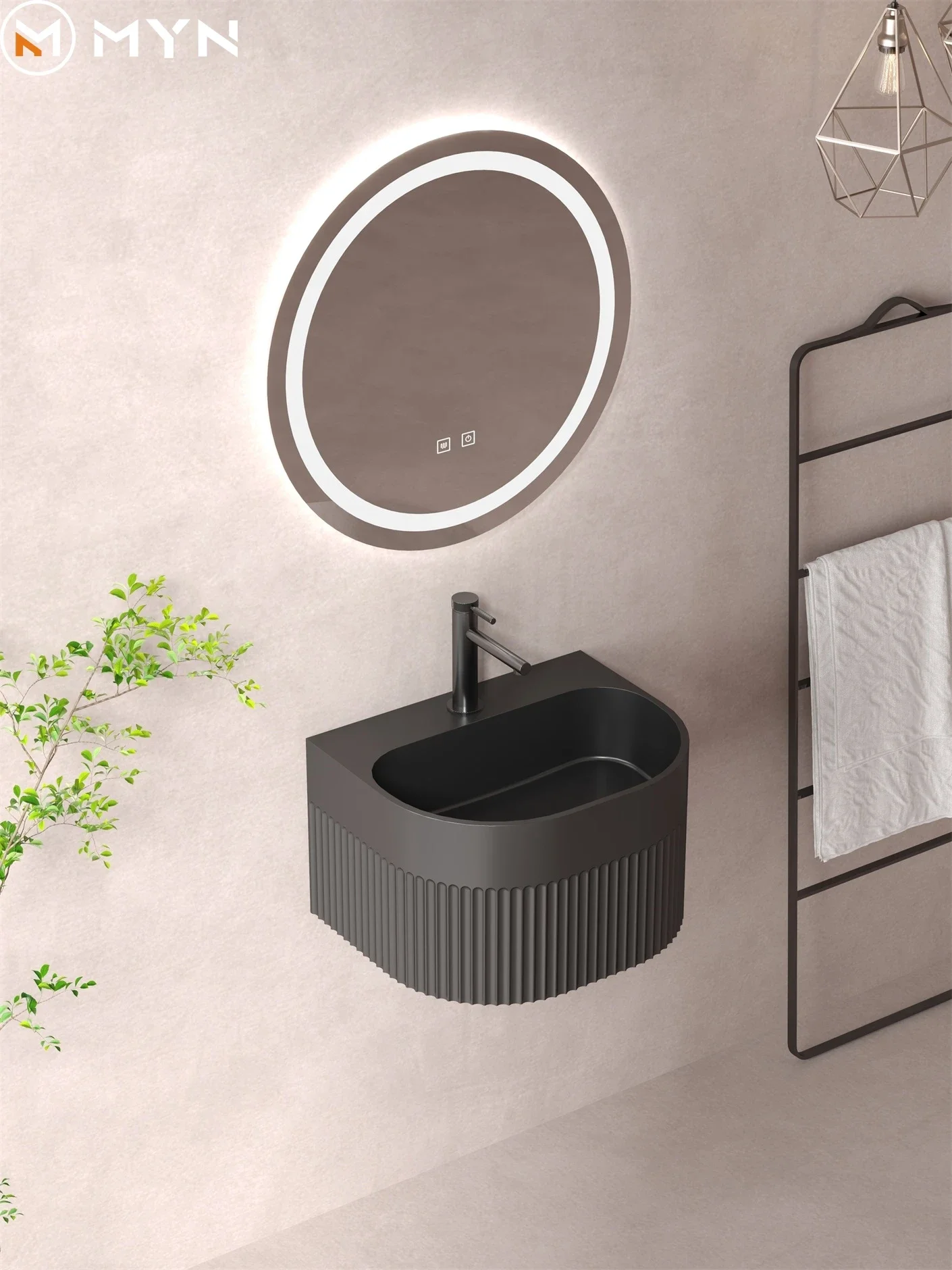 New high-quality groove shape integrated wall-mounted sink artificial stone sink washbasin