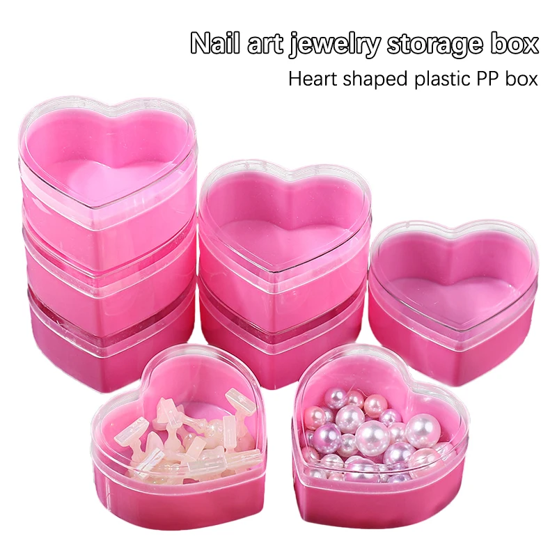 Plastic Nail Jewelry Storage Box Pink Love Heart Shape With Transparent Cover Nail Art Rhinestone Storage Case Organizer Holder