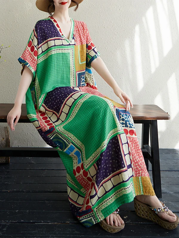Vacation Style Long Beach Skirt Loose Fit V-Neck Cotton Linen Wrap Sleeve Maxi Dress for plus Size Women Summer Casual Wear